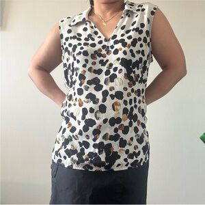 CAbi Black and Brown Sleeveless Notched Collar Blouse